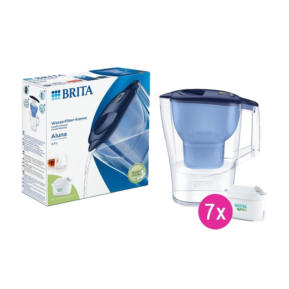 BRITA Aluna Wasserfilter Kanne Blau 2.4L + 7 MAXTRA PRO Wasserfilter (filtert PFAS)
