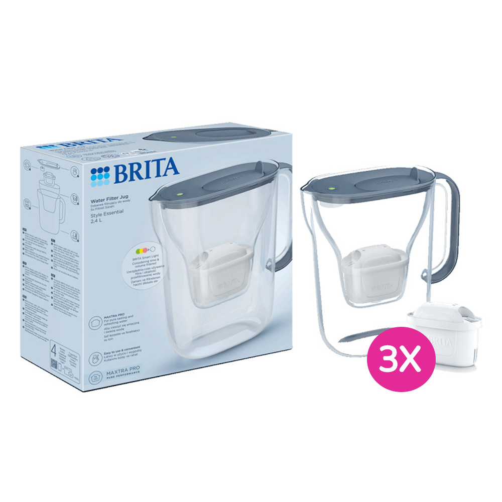 BRITA Style Essential Wasserfilterkanne 2.4L Steinblau + 3 BRITA MAXTRA PRO Wasserfilter 1058103