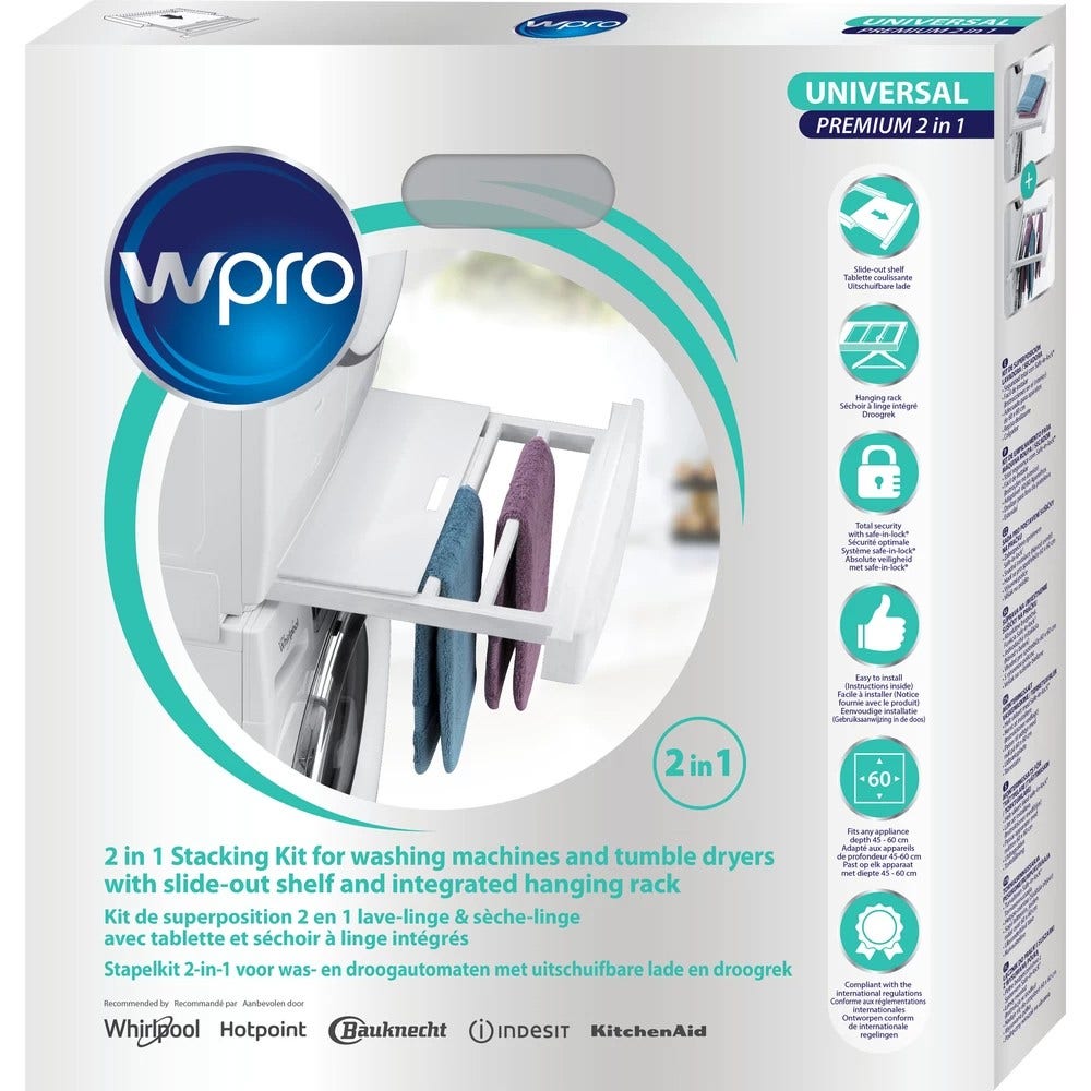 Wpro SKP101 Waschmaschinenzubehör/ Zwischenbaurahmen mit Ablage und Wäscheleine / Waschmaschine und Trockner/ Universell